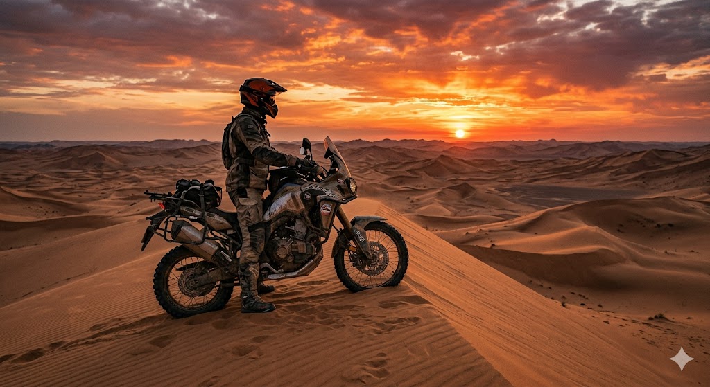 Adventure motorcycle riding through desert dunes at sunset